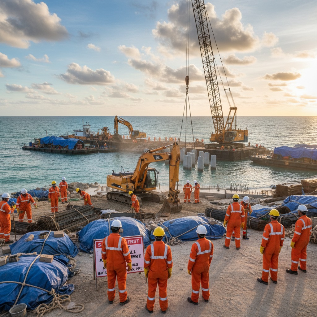 show construction site with safety and coverall for all labours
show marine site